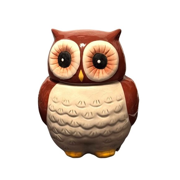 Ceramic Owl Cookie Jar With Lid Brown & Cream - Picture 1 of 6